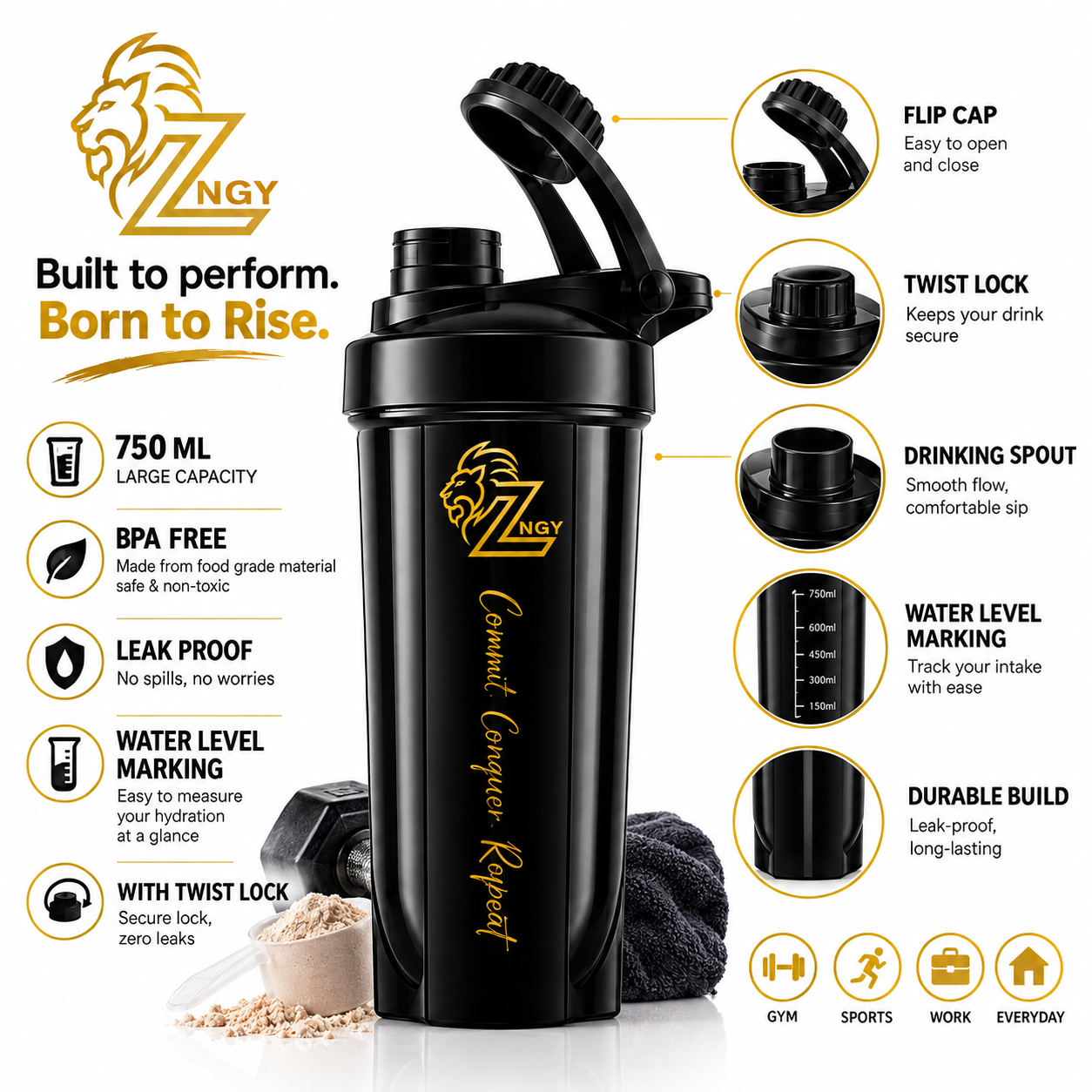 ZNGY HYDRA 750 ML Protein Shaker Bottle | BPA Free | Leak Proof | Twist Lock | Black - Image 2