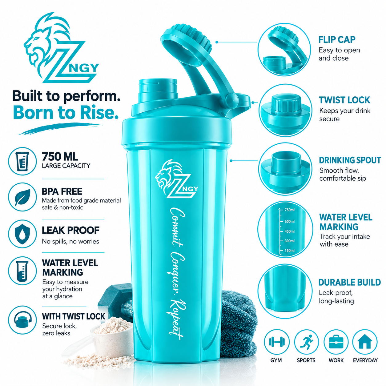 ZNGY HYDRA 750 ML Protein Shaker Bottle | BPA Free | Leak Proof | Twist Lock | Turquoise Blue - Image 3