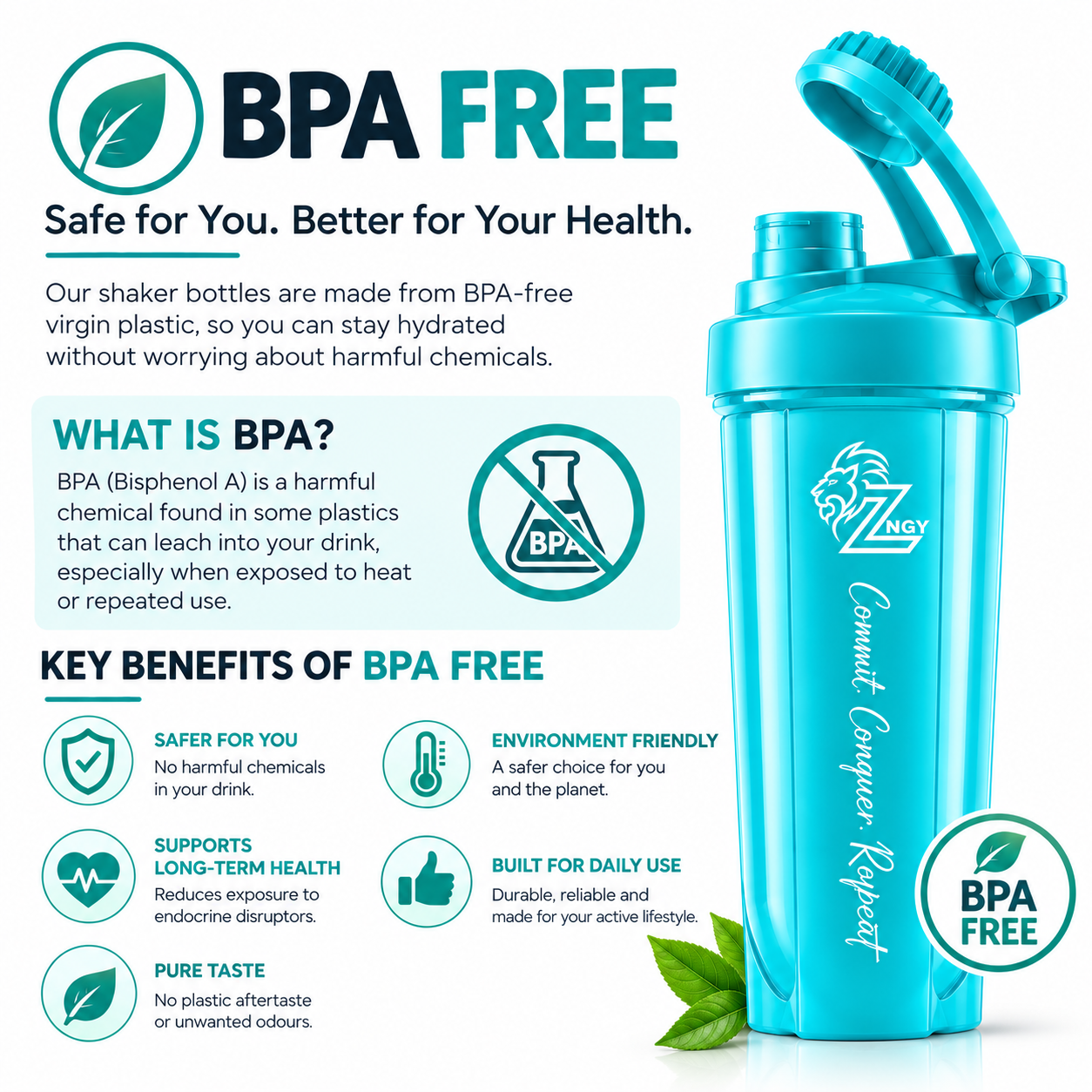 ZNGY HYDRA 750 ML Protein Shaker Bottle | BPA Free | Leak Proof | Twist Lock | Turquoise Blue - Image 4